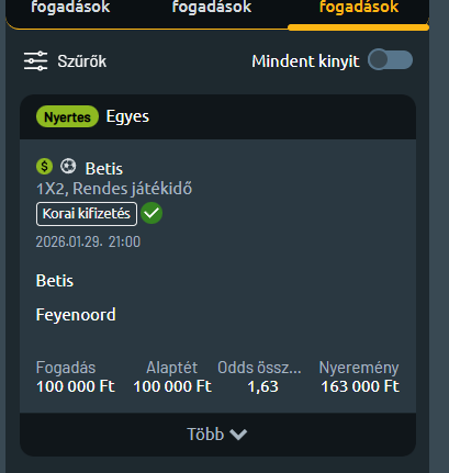 Betis – Feyenoord, nyertes szelvény: 100 000 Ft tét, 1,63 odds, 163 000 Ft nyeremény