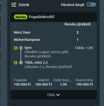 West Ham – Wolverhampton, nyertes szelvény: 100 000 Ft tét, 1,90 odds, 190 000 Ft nyeremény